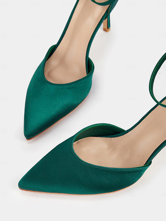 サテンウェディングシューズ ポインテッドトゥ アンクルストラップパンプス