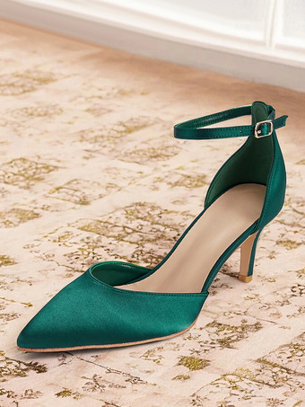 サテンウェディングシューズ ポインテッドトゥ アンクルストラップパンプス