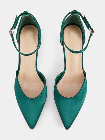 サテンウェディングシューズ ポインテッドトゥ アンクルストラップパンプス