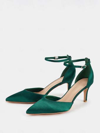 サテンウェディングシューズ ポインテッドトゥ アンクルストラップパンプス