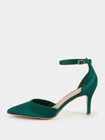 グリーン サテンウェディングシューズ ポインテッドトゥ アンクルストラップパンプス