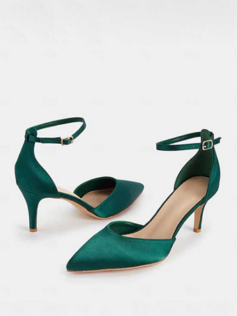 サテンウェディングシューズ ポインテッドトゥ アンクルストラップパンプス