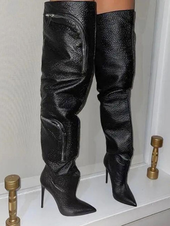 セクシーなオーバーニーブーツ、女性用ポインテッドトゥポケットデザインサイハイブーツ