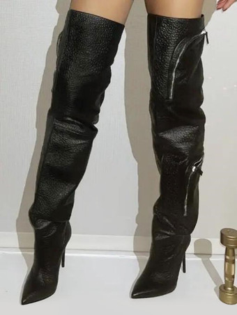 ブラック セクシーなオーバーニーブーツ、女性用ポインテッドトゥポケットデザインサイハイブーツ