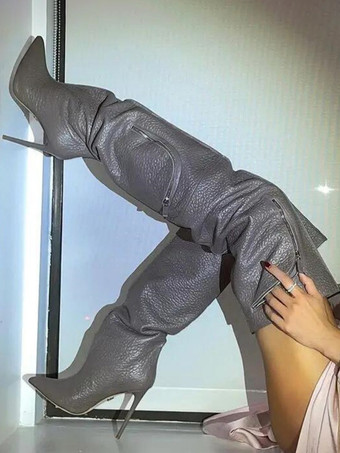 セクシーなオーバーニーブーツ、女性用ポインテッドトゥポケットデザインサイハイブーツ