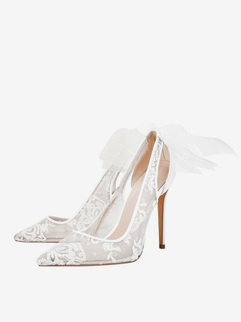 レースのウェディングシューズ ポインテッドトゥ ハイヒール ブライダルパンプス