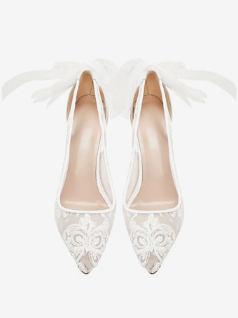レースのウェディングシューズ ポインテッドトゥ ハイヒール ブライダルパンプス