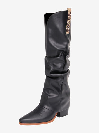 SchwarzDamenstiefel mit Blockabsatz und halbhoher Wadenlänge Denim-Patchwork spitzer Zehenbereich Westernstiefel