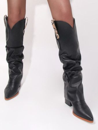 Damenstiefel mit Blockabsatz und halbhoher Wadenlänge Denim-Patchwork spitzer Zehenbereich Westernstiefel