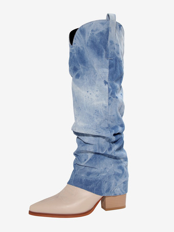 Damenstiefel mit Blockabsatz und halbhoher Wadenlänge Denim-Patchwork spitzer Zehenbereich Westernstiefel