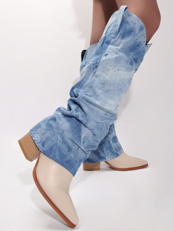 Damenstiefel mit Blockabsatz und halbhoher Wadenlänge Denim-Patchwork spitzer Zehenbereich Westernstiefel
