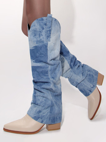 Hellschiefergrau Damenstiefel mit Blockabsatz und halbhoher Wadenlänge Denim-Patchwork spitzer Zehenbereich Westernstiefel