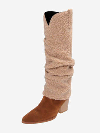 OrangeDamenstiefel mit Blockabsatz und halbhoher Wadenlänge Denim-Patchwork spitzer Zehenbereich Westernstiefel