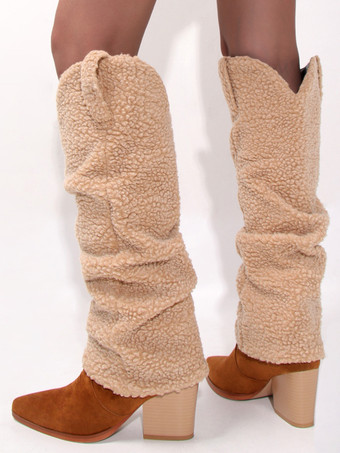 Damenstiefel mit Blockabsatz und halbhoher Wadenlänge Denim-Patchwork spitzer Zehenbereich Westernstiefel