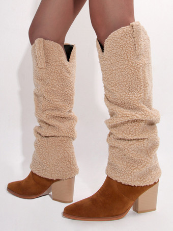 Damenstiefel mit Blockabsatz und halbhoher Wadenlänge Denim-Patchwork spitzer Zehenbereich Westernstiefel