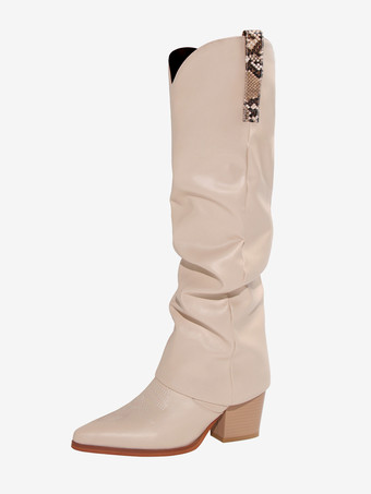 Aprikose  Damenstiefel mit Blockabsatz und halbhoher Wadenlänge Denim-Patchwork spitzer Zehenbereich Westernstiefel