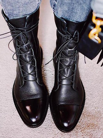 negro Botines planos negros con punta redonda y cordones para mujer