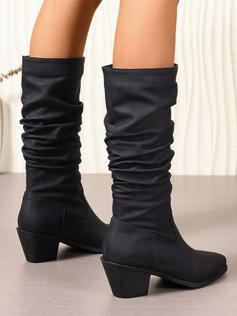 Women Black Slouch Boots Round Toe Chunky Heel Mid Calf Boots