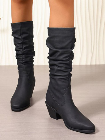 Women Black Slouch Boots Round Toe Chunky Heel Mid Calf Boots
