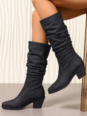 Women Black Slouch Boots Round Toe Chunky Heel Mid Calf Boots
