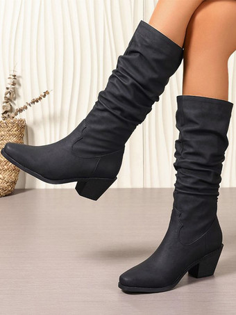Women Black Slouch Boots Round Toe Chunky Heel Mid Calf Boots