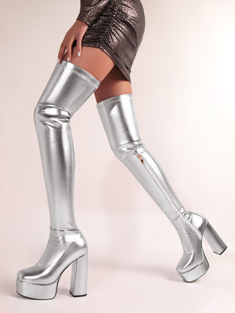 シルバー オーバーニーブーツ メタリックプラットフォーム セクシーなハイヒール サイハイブーツ