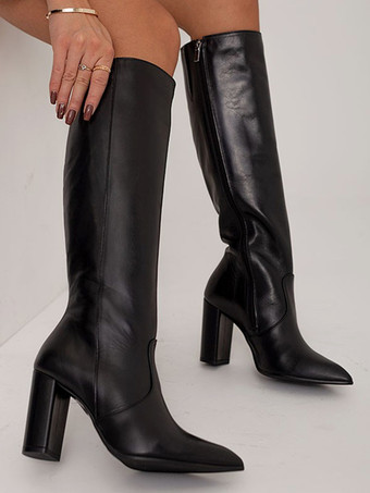 Stivali alti fino al ginocchio marroni da donna con punta a punta tacco spesso cerniera