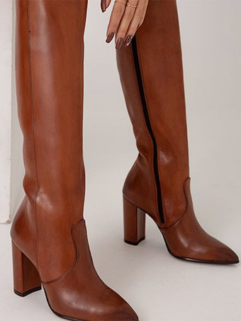 Stivali alti fino al ginocchio marroni da donna con punta a punta tacco spesso cerniera