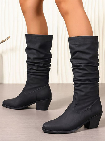 Black Women Black Slouch Boots Round Toe Chunky Heel Mid Calf Boots