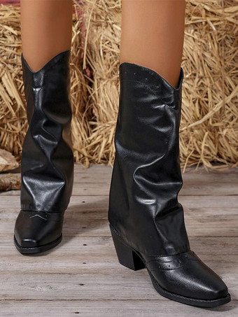 ブラック カウガール ブーツ ラウンドトゥ チャンキーヒール ミッドカーフブーツ