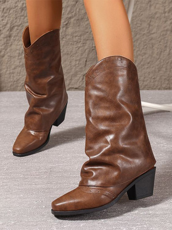 ブラック カウガール ブーツ ラウンドトゥ チャンキーヒール ミッドカーフブーツ