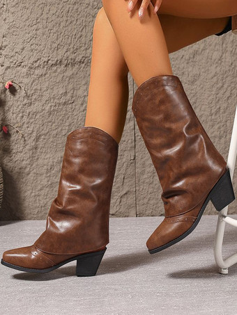 ブラック カウガール ブーツ ラウンドトゥ チャンキーヒール ミッドカーフブーツ