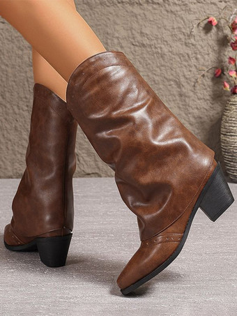 ブラウンブラック カウガール ブーツ ラウンドトゥ チャンキーヒール ミッドカーフブーツ