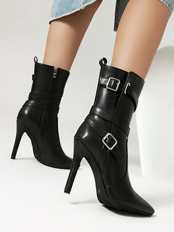 ハイヒール アンクルブーツ ブラック ポインテッドトゥ バックルディテール ブーティ
