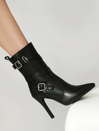 ハイヒール アンクルブーツ ブラック ポインテッドトゥ バックルディテール ブーティ