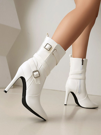 ハイヒール アンクルブーツ ブラック ポインテッドトゥ バックルディテール ブーティ