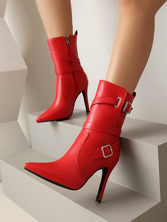 ハイヒール アンクルブーツ ブラック ポインテッドトゥ バックルディテール ブーティ