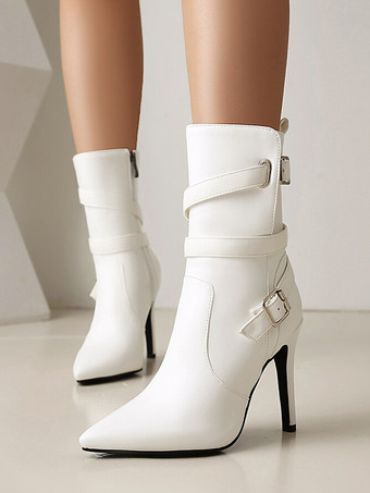 ホワイト ハイヒール アンクルブーツ ブラック ポインテッドトゥ バックルディテール ブーティ