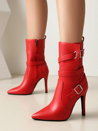 レッド ハイヒール アンクルブーツ ブラック ポインテッドトゥ バックルディテール ブーティ