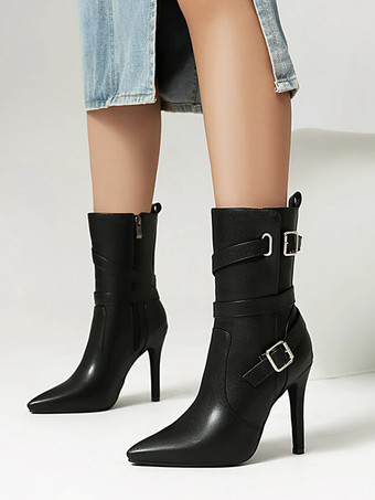 ブラック ハイヒール アンクルブーツ ブラック ポインテッドトゥ バックルディテール ブーティ