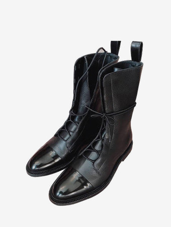 Botines planos negros con punta redonda y cordones para mujer