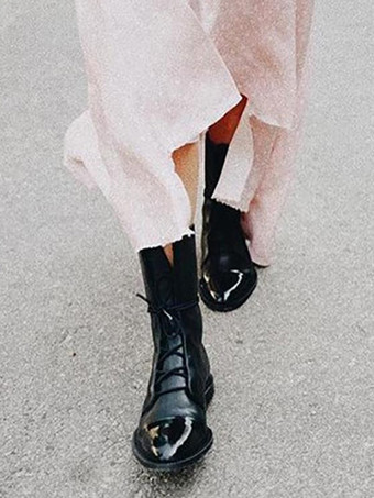 Botines planos negros con punta redonda y cordones para mujer