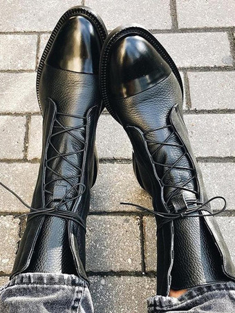 Botines planos negros con punta redonda y cordones para mujer