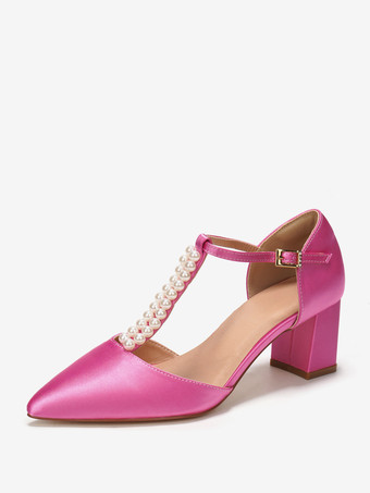 ピーチチャンキーヒール ウェディングシューズ パール Tストラップ ポインテッドトゥ ブライダルパンプス