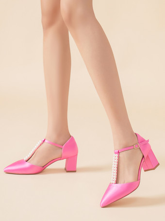 チャンキーヒール ウェディングシューズ パール Tストラップ ポインテッドトゥ ブライダルパンプス