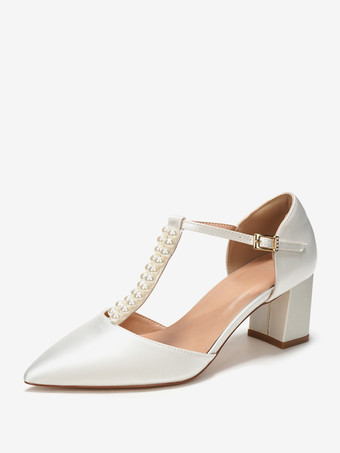 アイボリーチャンキーヒール ウェディングシューズ パール Tストラップ ポインテッドトゥ ブライダルパンプス