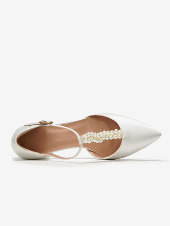 チャンキーヒール ウェディングシューズ パール Tストラップ ポインテッドトゥ ブライダルパンプス