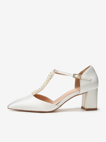 チャンキーヒール ウェディングシューズ パール Tストラップ ポインテッドトゥ ブライダルパンプス