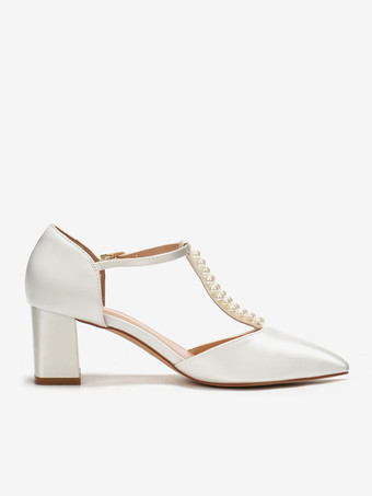 チャンキーヒール ウェディングシューズ パール Tストラップ ポインテッドトゥ ブライダルパンプス