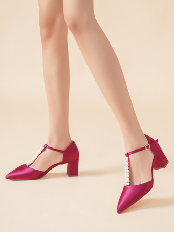 ワインレッド チャンキーヒール ウェディングシューズ パール Tストラップ ポインテッドトゥ ブライダルパンプス
